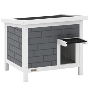 PawHut Katzenhaus Wetterfeste Katzenhütte aus Holz mit aufklappbarem Dach Aluminium-Isolierplatten Asphaltdach 61x51x53,5 cm Erhöhte Katzenhöhle für Katzen bis 5 kg für drinnen draußen Grau Aosom