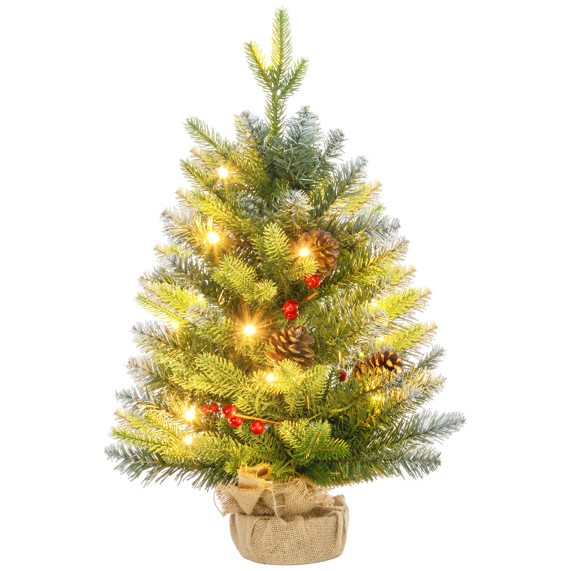 HOMCOM Mini-Weihnachtsbaum mit integrierter Beleuchtung, 60 cm, kleiner Weihnachtsbaum mit 141 Zweigen, Zapfen, rote Beeren, Zementfuß, Weihnachtsdekoration, für Zuhause, Innen, Grün Aosom