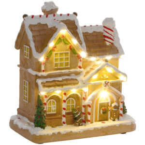 HOMCOM Weihnachtsdorf Lebkuchenhaus mit LED-Lichtern und Musik, Weihnachtshaus Winterlandschaft mit Lebkuchenmann, für Weihnachten, Braun Aosom