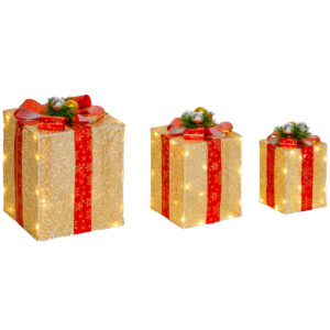Outsunny 58er LED Weihnachtsdeko, 3-teiliges Geschenkboxen, Weihnachtsbeleuchtung in warmweiß, Stahlrahmen, für Indoor, Outdoor, Gold Aosom