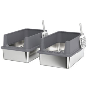 PawHut 2er-Set XL Katzentoilette aus Edelstahl Große Katzentoilette mit hohem Rand, 2 Schaufeln, für große Katzen und mehrere Kätzchen, leicht zu reinigen, auslaufsicher, antihaftbeschichtet, Dunkelgrau Aosom