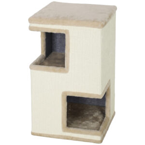 PawHut 3-stöckig Katzentonne für drinnen, halbgeschlossene Katzenhöhle mit Kratzflächen rundum, 2 Katzenhöhlen, Kissen und oberem Liegebett, für Katze unter 6 kg Beige Aosom