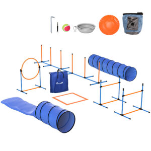 PawHut Agility Set Hunde 11-teiliges Set Agility-Ausrüstung für Hunde mit 2 Tunnel Höhenverstellbar Sprungring & Hürden Slalomstangen Pause-Box Tragetasche Ball Steckhürdenset für Hundetraining Aosom
