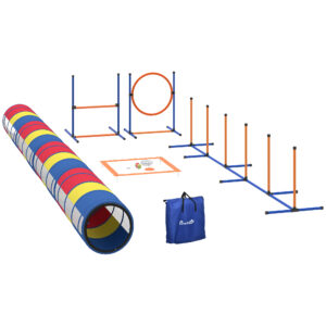 PawHut Agility-Set für Hunde, 12-teilig, 4 Tunnel, verstellbare Sprünge, Ring, Slalom, Frisbee, Tennisball, Trainingsplattform, faltbarer Napf, Leckerlibeutel, Aufbewahrungstasche Aosom