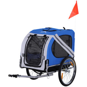 PawHut Fahrradanhänger für Hunde Haustiere 8 Reflektoren Fahnenwimpel Anhängestange inklusive Stahl Polyester wasserdicht max. 30 kg 130L x 73B x 90H cm weiß und blau Aosom