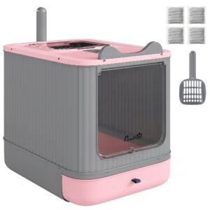 PawHut Geschlossene Katzentoilette M, Katzentoilette für mittelgroße Katzen, klappbarer Deckel, Frontöffnung, oberer Ausstieg, Schaufel, Geruchsbeutel, leicht zu reinigen, auslaufsicher, Rosa Aosom