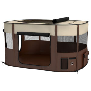 PawHut Hundepark aus Oxford-Gewebe, Welpenpark, Outdoor-Gehege für Tiere, mit integrierten Aufbewahrungstaschen, faltbarer Gehege für Hunde Welpen, 114 x 89 x 59 cm, cremefarben und braun Aosom