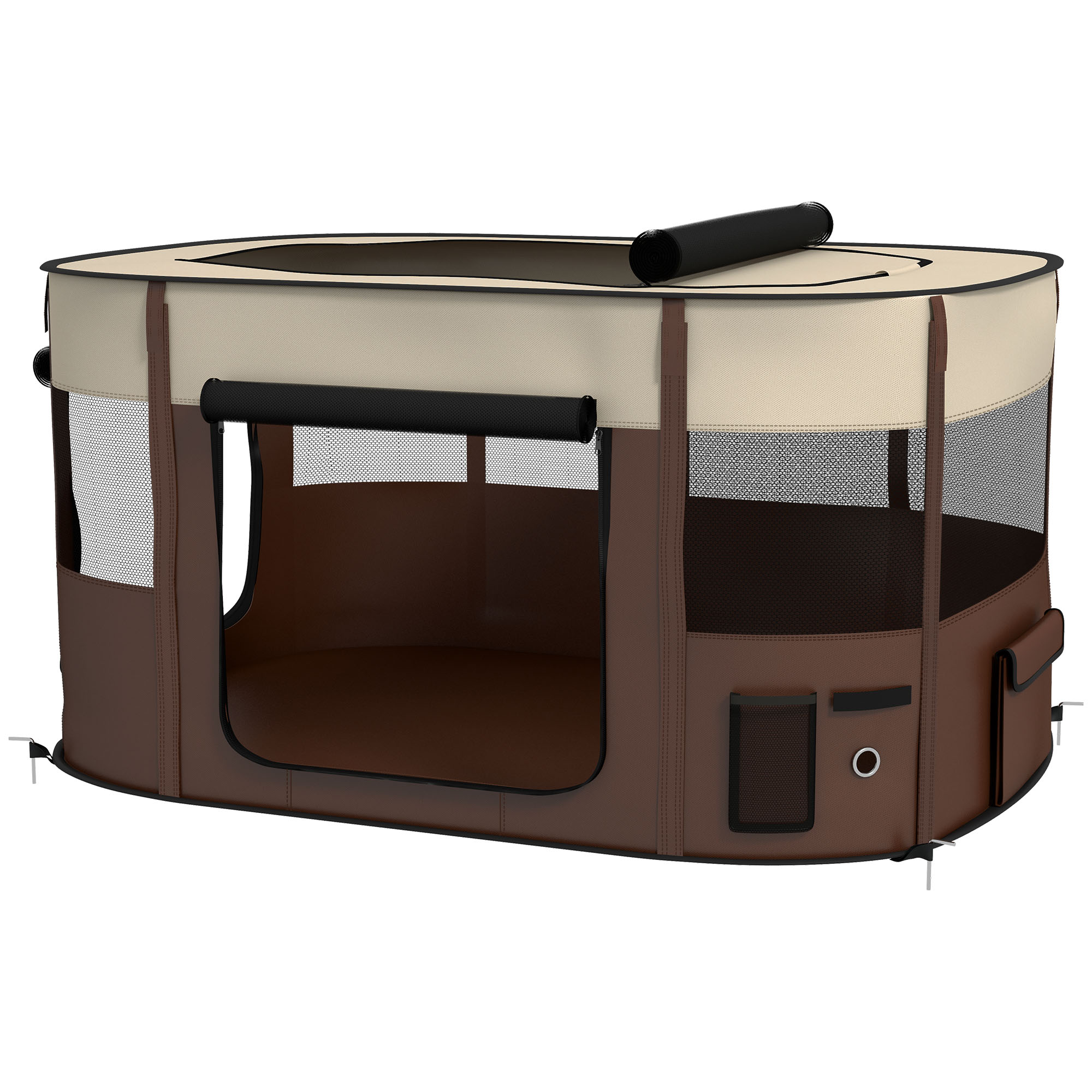 PawHut Hundepark aus Oxford-Gewebe, Welpenpark, Outdoor-Gehege für Tiere, mit integrierten Aufbewahrungstaschen, faltbarer Gehege für Hunde Welpen, 114 x 89 x 59 cm, cremefarben und braun Aosom