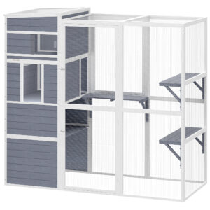 PawHut Katzengehege Outdoor Katzenhaus aus Holz mit 3 Plattformen wetterfestem Dach Ruhebereich Fenster Drahtgitter Katzenkäfig für 3-4 Katze bis 10 kg für drinnen und draußen Grau Aosom