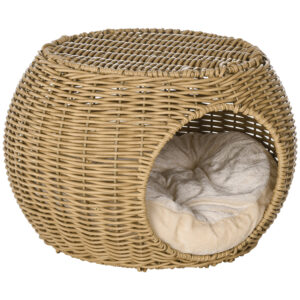 PawHut Katzenkorb Rattan zweistöckig Katzenbett Katzenkörbchen mit Kissen Vordertür Haustierbett Katzenhöhle für Katze unter 3,5 kg, Indoor, PE-Rattan, Ø40 x 30 cm, Hellbraun Aosom