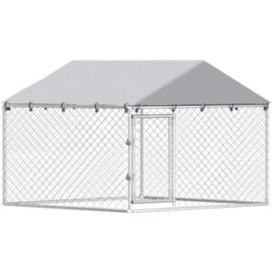 PawHut Kennel Außenzwinger für Hunde, Hundebox mit abnehmbarem PE-UV-Dach, verschließbare Ausbruchssicherung, verzinkter Stahl, 200x200x150 cm, Silber Aosom