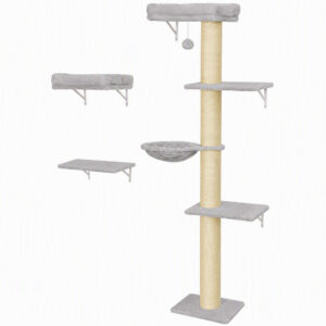 PawHut Kletterwand Katzen, 3-teilig Katzenkletterwand Set, Katzen Wandelemente mit Kratzbaum, Plattformen Hängematte, Katzenwandmöbel Set für Klettern Spielen Schlafen bis 6 kg Hellgrau Aosom
