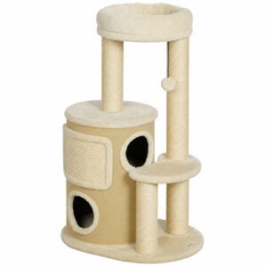 PawHut Kratzbaum mit 2-stöckiger Kratztonne Katzenbaum mit Sisal-Kratzpfosten, Plattform Sisalbrett Spielball, Katzenmöbel Kletterbaum Katzenkratzbaum Aktivitätsbaum für Katzen unter 5kg Beige Aosom