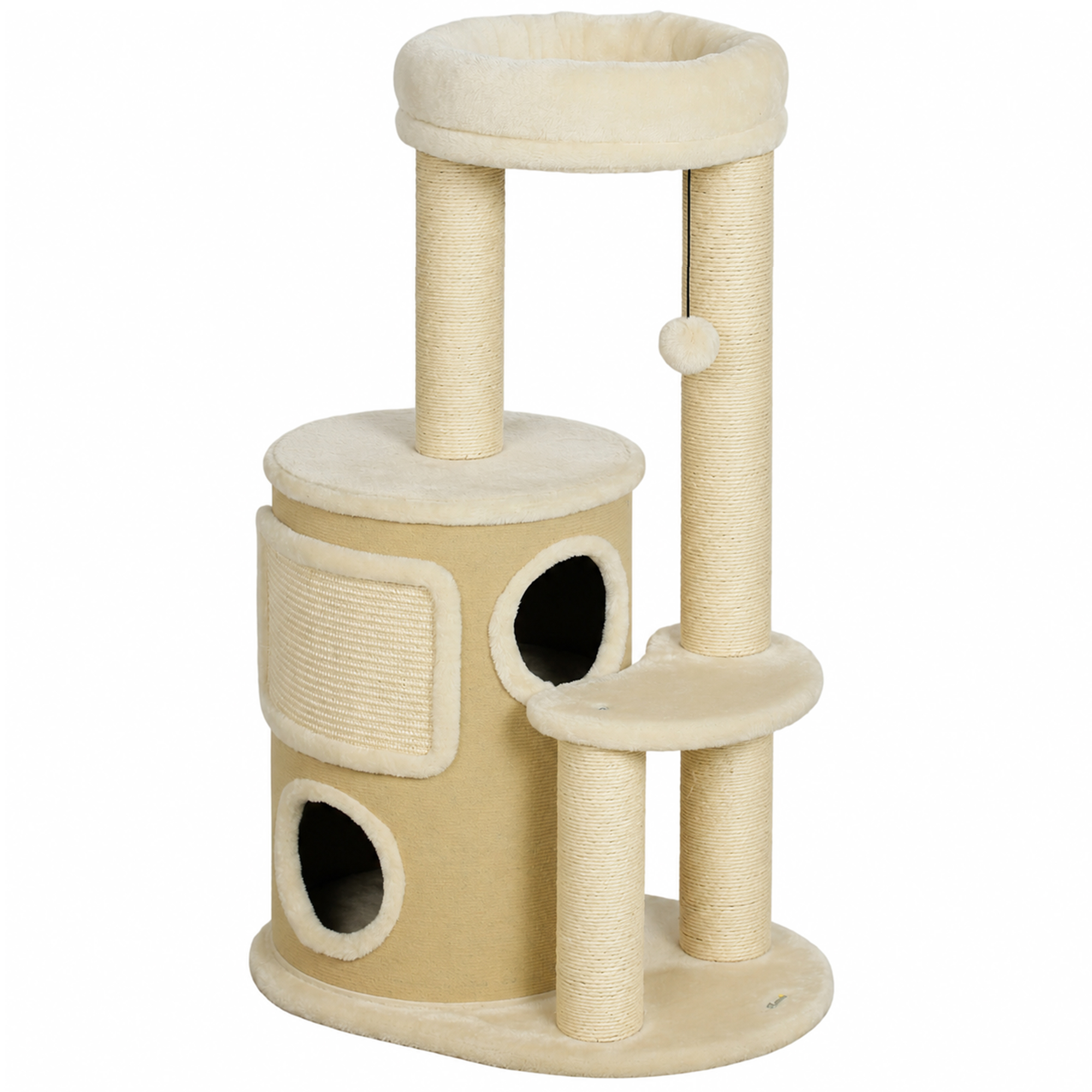 PawHut Kratzbaum mit 2-stöckiger Kratztonne Katzenbaum mit Sisal-Kratzpfosten, Plattform Sisalbrett Spielball, Katzenmöbel Kletterbaum Katzenkratzbaum Aktivitätsbaum für Katzen unter 5kg Beige Aosom