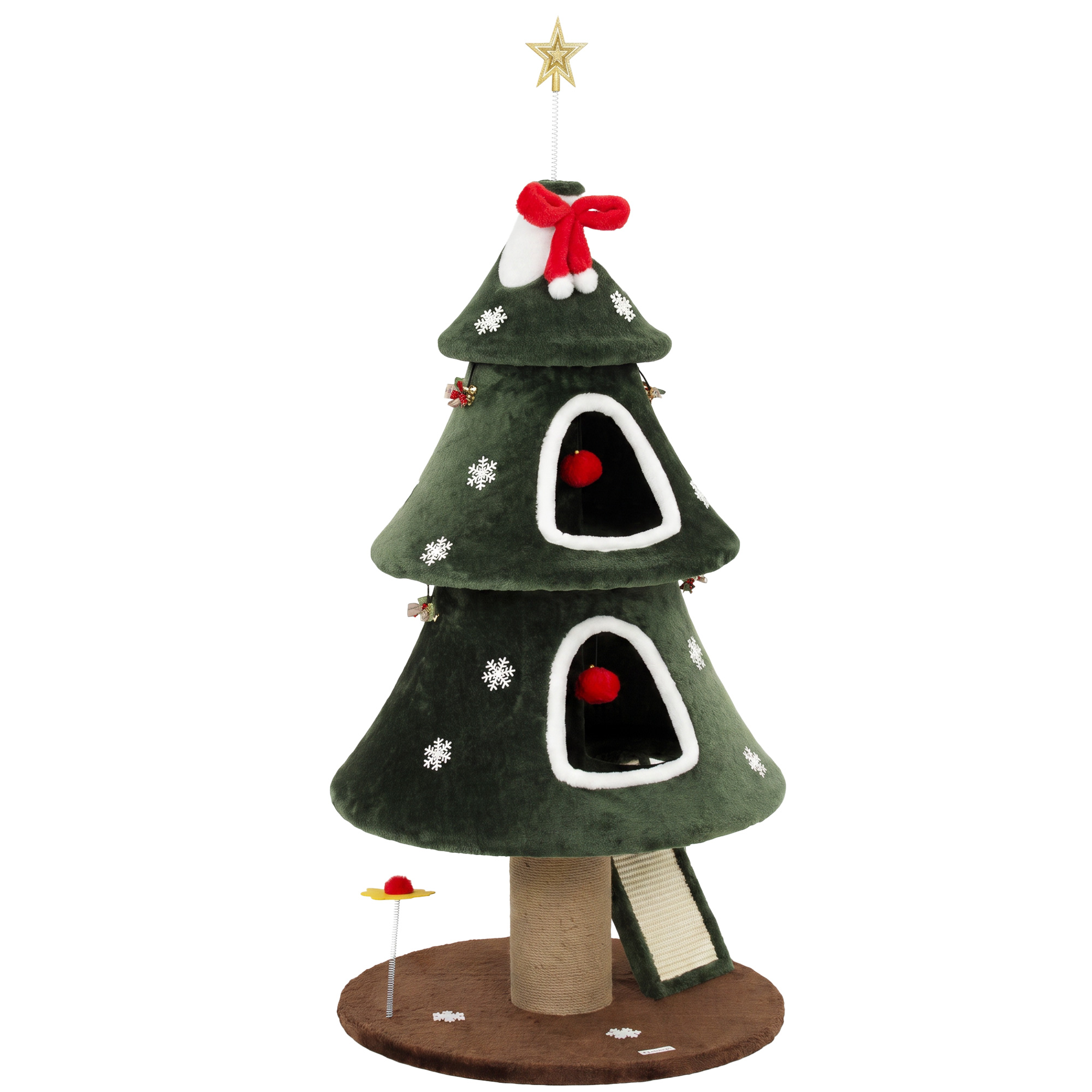 PawHut Weihnachts-Kratzbaum für Katzen, 2 Höhlen, Katzenturm mit Sisal-Leiter, Jute-Pfosten, Umkippsicherung und Bällchen, 60 x 60 x 132 cm, Grün Aosom