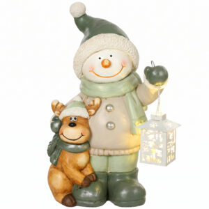 HOMCOM Weihnachtsdeko Figur Schneemann 43 cm, Weihnachtsfigur aus MGO mit LED-Laterne, Fensterbank Deko mit Timer, für Innen Aosom