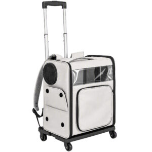 PawHut Tiertransporttasche mit Rollen faltbare Transportbox für Hunde Katzen bis 5 kg, atmungsaktiver Trolley mit Rückenstütze und Mesh-Fenstern, Hunderucksack für Wandern, Reisen Ausflüge Grau Aosom