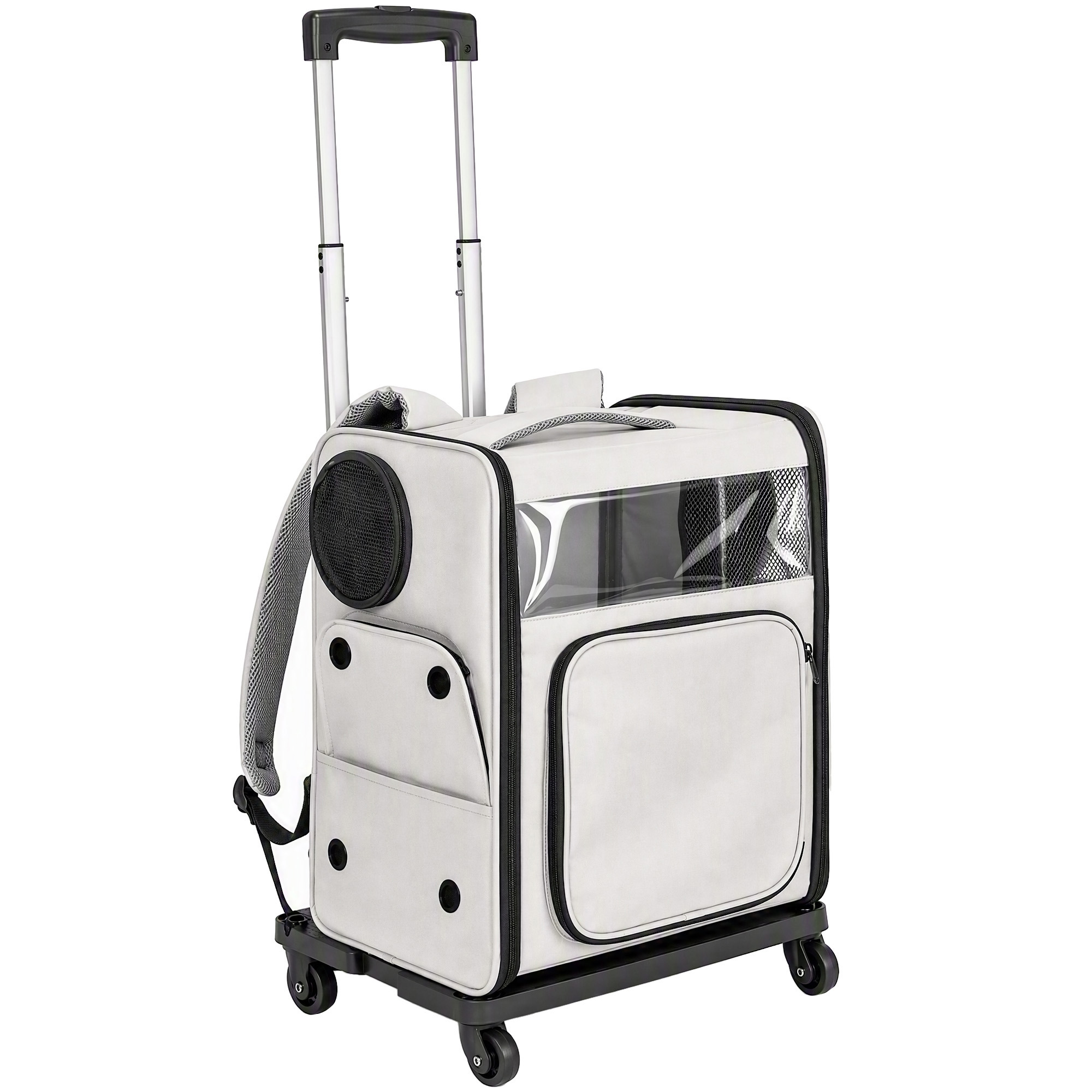 PawHut Tiertransporttasche mit Rollen faltbare Transportbox für Hunde Katzen bis 5 kg, atmungsaktiver Trolley mit Rückenstütze und Mesh-Fenstern, Hunderucksack für Wandern, Reisen Ausflüge Grau Aosom